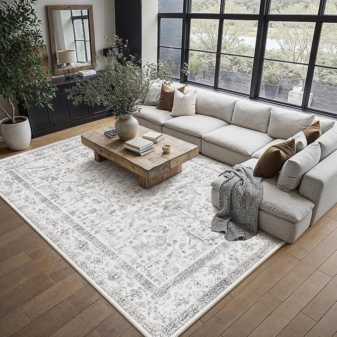 PureCozy Grey 9x12 Area Rug Vintage Washable Living Room Carpet Non Slip Neutral Bedroom Indoor Office Low Pile Large Traditional Distressed Retro Gray Accent Rug for Dining Room Bathroom Kitchen