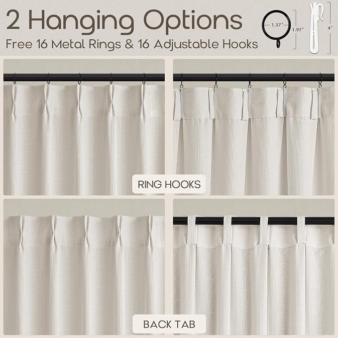 Pinch Pleated Linen Curtains 100 Inches Long Natural Memory Trained Semi Sheer Privacy Pleat Drapes with Hooks Rings 100 Inch Back Tab Light Filtering Window Curtain for Living Room Bedroom 2 Panels