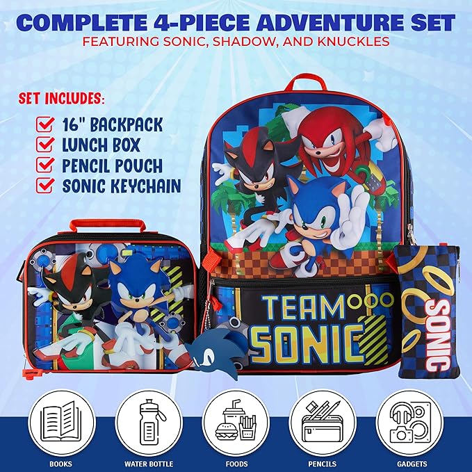 AI ACCESSORY INNOVATIONS Sonic the Hedgehog 5 PC Backpack Set for Girls & Boys, 16” Book Bag Featuring Sonic, Shadow, & Knuckles