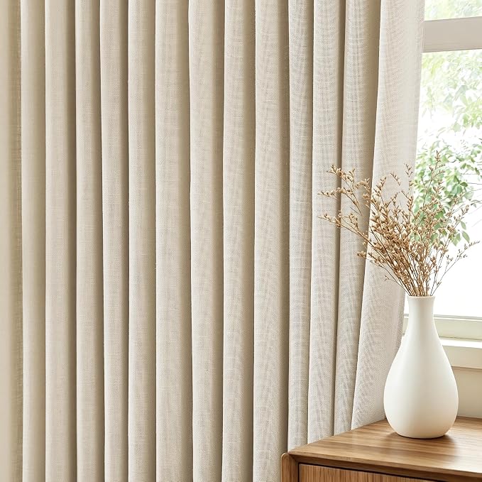 Beige Pleated Linen Curtains 105 inch Long 2 Panels for Living Room Light Filtering Triple Pinch Pleat Curtain Memory Trained Boho FarmhouseNeutral Earthy Thick Flax Linen Drapes 105 Length Apricot