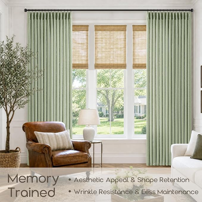 Pinch Pleated Linen Curtains 96 Inches Long Sage Light Green Semi Sheer Pinch Pleat Decorative Curtains with Hooks Rings Farmhouse Light Filtering Curtains for Living Room Bedroom 8 FT 2 Panels