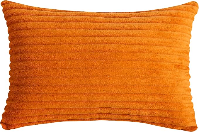 TangDepot Velvet Big Corduroy Pillow Covers 12x20 Deep Orange 2-Pack | Soft wide-stripe corduroy pillow cover, hidden zipper, machine washable, easy refresh, for bedroom living room indoor outdoor