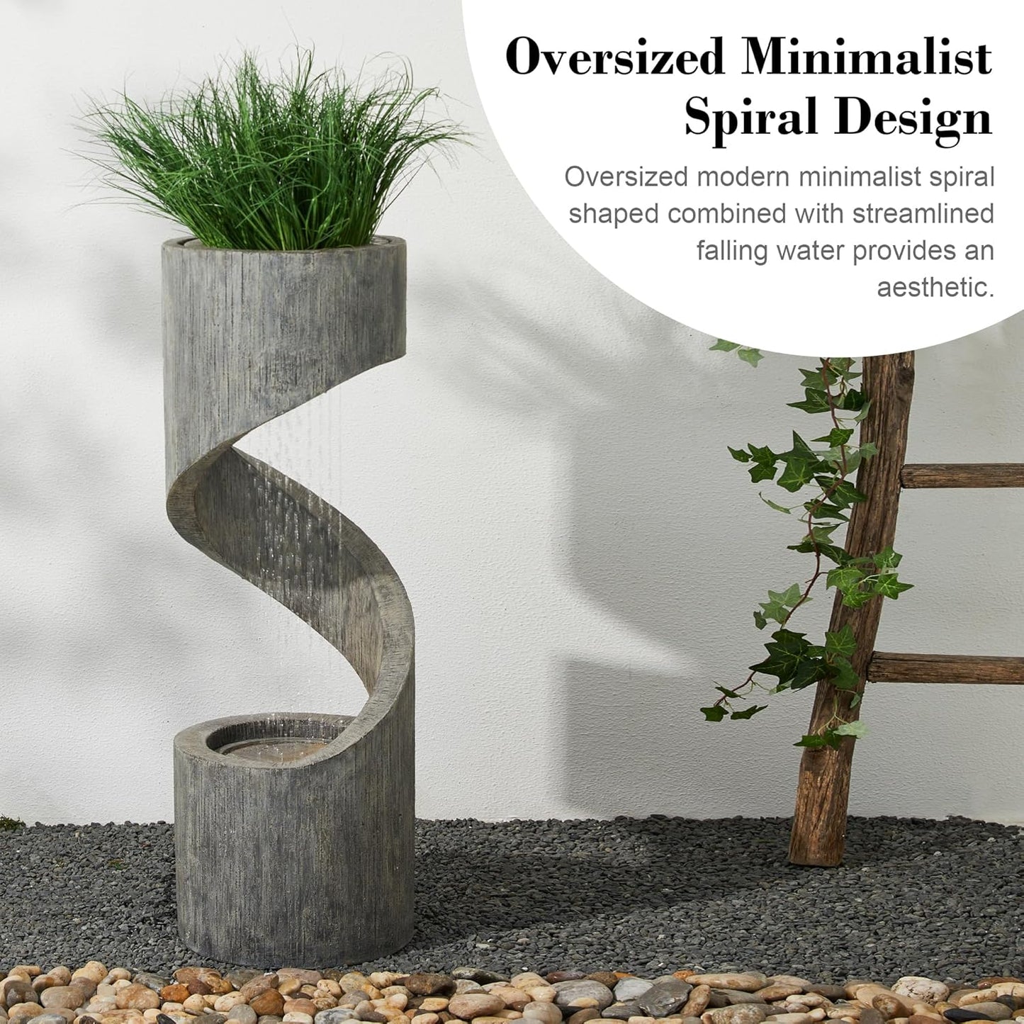 Glitzhome Tiered Outdoor Water Fountain with LED Light, Modern Spiral Outdoor Fountain with Stone Planter, Freestanding Curved Waterfall Fountains for Garden Patio Deck Porch, 40”H