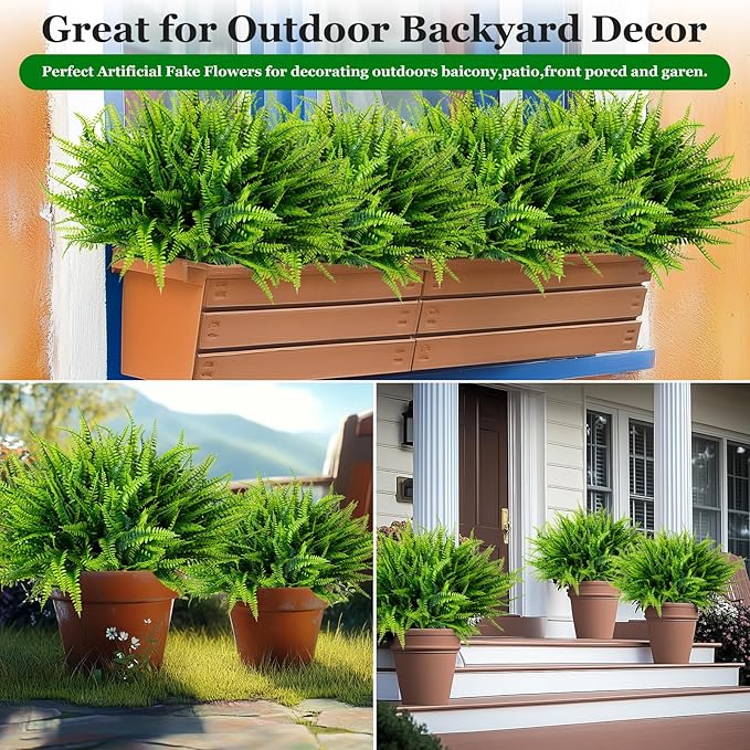 Nigirior 24 Bundles Artificial Fake Plants for Outdoor Faux Boston Fern for Home Decor UV Resistant Fake Plants Greenery for Front Porch Planter Indoor or Outdoor (Green)