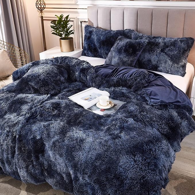 Tie Dye Printed Faux Fur Bedding Set Modern Abstract Shaggy Plush Duvet Cover with Pillow Shams, Ultra Soft Warm (Queen, Tie Dye Navy)