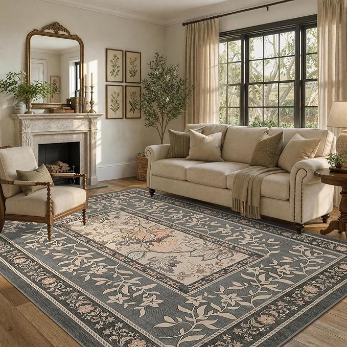 GarveeHome Grey Area Rug 5x7 Washable Cottage Core Vintage Farmhouse Low-Pile Stain Resistant Non-Slip Rugs for Bedroom Living Room Nursery Kitchen Home Office TPE Backing Indoor Decor