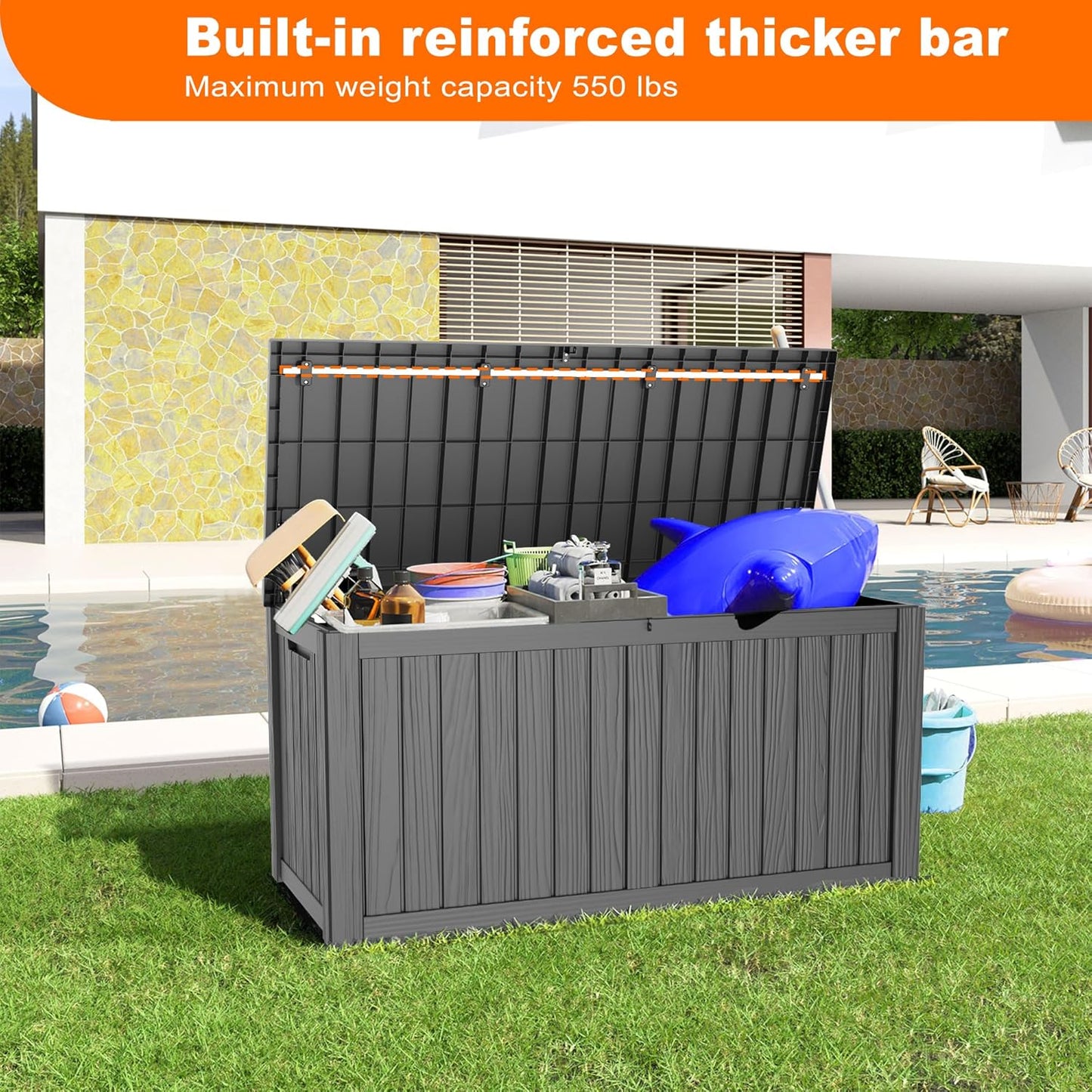 150 Gallon Resin Deck Box, Lockable Patio Outdoor Storage Box for Furniture, Garden Tools and Tools Storage, Waterproof Outside Storage Boxes - Black