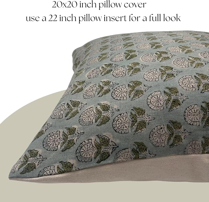 Linen Throw Pillow Covers 20x20 inch Blue Green Spring Decorative Pillow Covers for Living Room, Bedroom