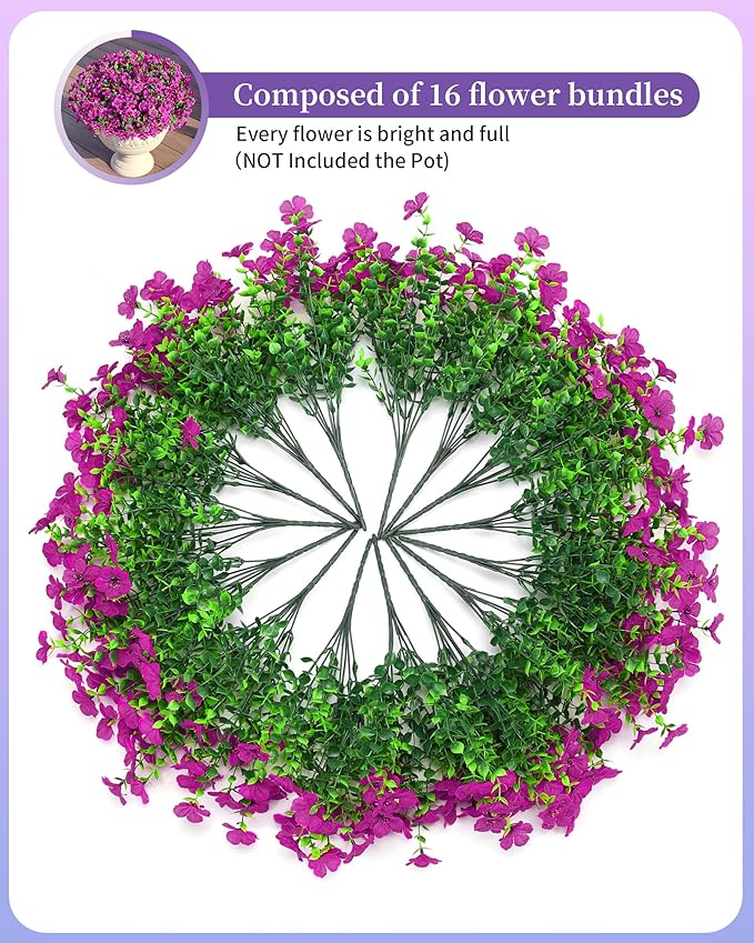 Artificial Flowers for Outdoor Decor, 16 Pack UV-Resistant Fake Purple Silk Daisy Flowers, Perfect for Spring & Summer Decorating – Front Porch, Patio, Window Boxes, and Potted Plants