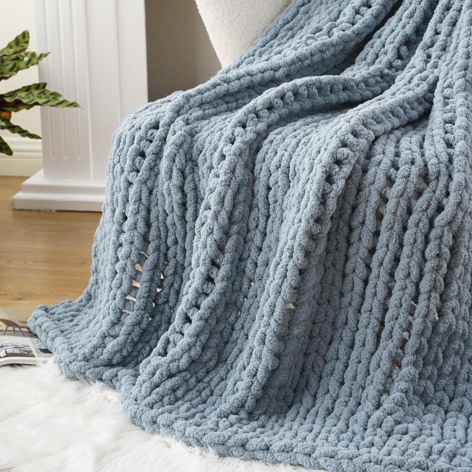 Battilo Chunky Knit Throw Blanket for Couch, Soft and Thick Chenille Throw Blanket, 50"x60" Handmade Cable Knit Crochet Blanket, Bluish Grey Knot Knitted Throw Blankets for Home Decor, Bluish Grey
