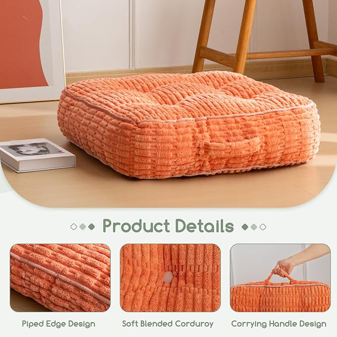 HIGOGOGO 6" Floor Pillow Cushion for Adults, Meditation Cushion Pillow, Blended Corduroy Cover, Large Square Floor Sitting for Tatami Living Room or Yoga, 2Pack, Coral