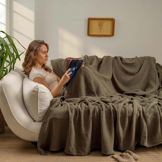 Muslin Blanket - Pure 100% Turkish Cotton Airy Soft Light Versatile Gauze Throw Blanket for Bed, Couch, Sofa (Khaki Green, Twin XL Size (71" x 95" inch))