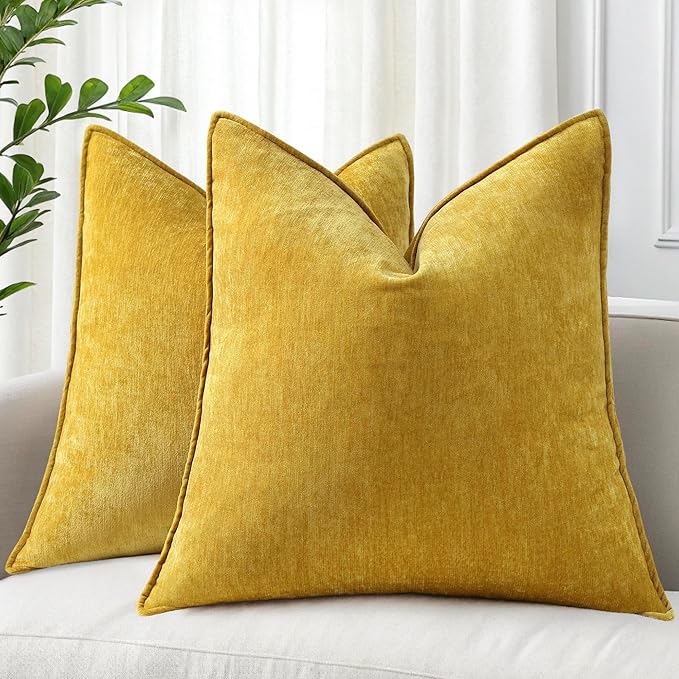 decorUhome Summer Couch Throw Pillow Covers 20x20 Set of 2, Decorative Soft Velvet Modern Cozy Chenille Pillow Cases with Elegant Design for Sofa Bed Living Room Home Decor, Mineral Yellow