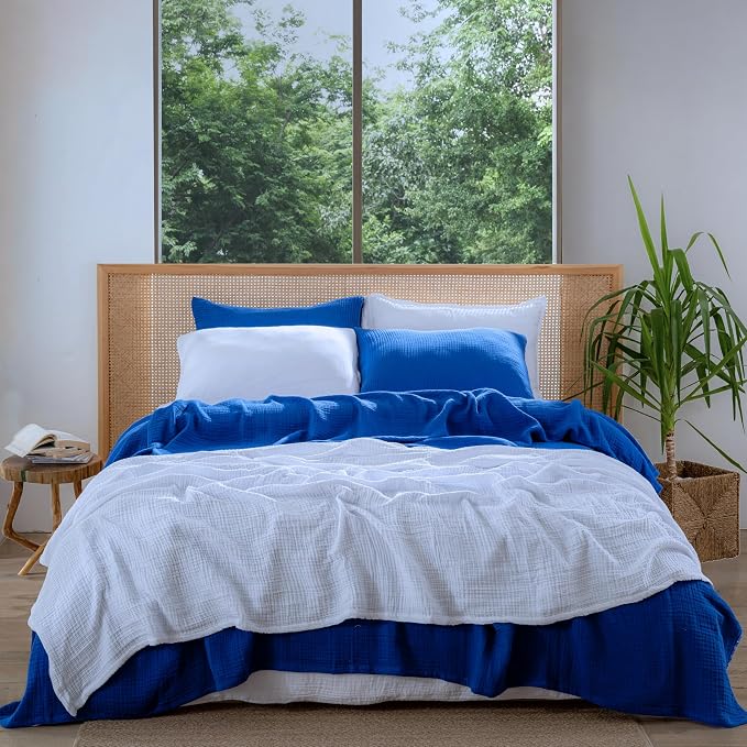 Muslin Blanket - Pure 100% Turkish Cotton Airy Soft Light Versatile Gauze Throw Blanket for Bed, Couch, Sofa (Blue, King Size (95" x 110" inch))