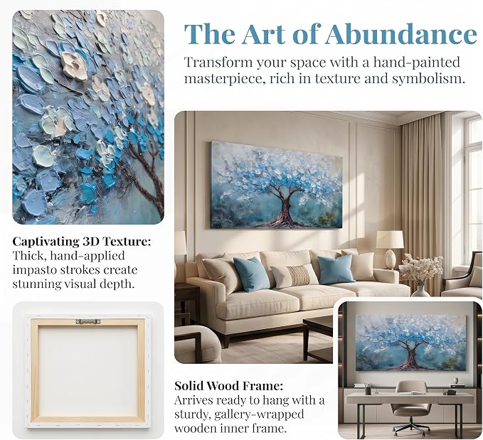 Acocifi Large Artwork Tree of Life Canvas Wall Art for Living Room 58"x29" | Textured, Blue Painting Wall Decor, Durable Colorfast, Ready to Hang, Suitable for Living Room Bedroom Home Decor