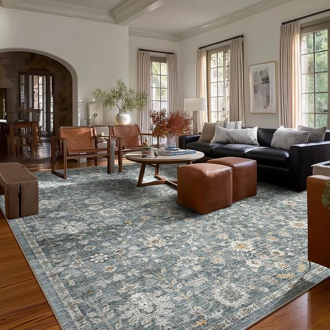 Washable Rugs for Living Room: 10x14 Area Rugs for Bedroom Ultra Soft Non-Slip Stain Resistant Vintage Boho Large Carpet for High-Traffic Dining Room - Farmhouse Decor