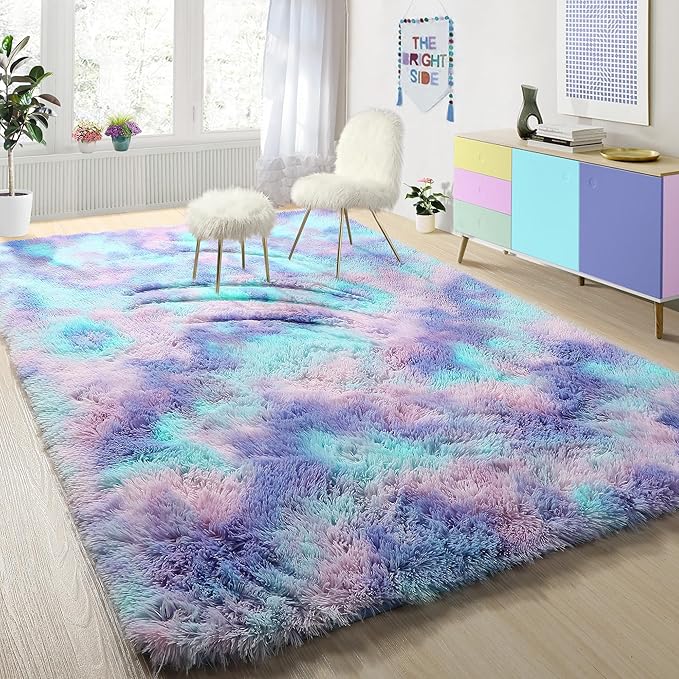 PAGISOFE Soft Purple Rainbow Rugs for Living Room,Fluffy 5x7 Area Rug, Plush Adorable Kawaii Rug for Bedroom Kids Room Baby Nursery,Girls Room Decor Mermaid Rugs Fuzzy Fur Pastel Carpet,Cozy Cloud Rug