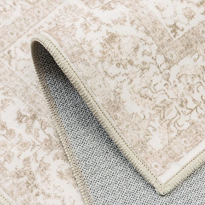 PureCozy Beige Area Rug 9x12 Machine Washable Large Vintage Living Room Distressed Non Slip Carpet Traditional Indoor Bedroom Retro Floral Accent Throw Rug for Office Kitchen Dining Room
