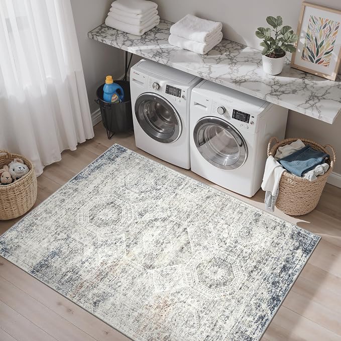 Soalmost 4x6 Area Rugs for Living Room, Vintage Washable Rugs for Dining Room, Bedroom, Home Office Decor, Non-Slip Blue Ivory Carpet Thin Rug