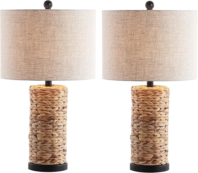 JONATHAN Y 25" Natural Coastal Water Hyacinth Table Lamp Set of 2, Bedside Lamp with Light Grey Linen Shade, Boho Farmhouse Decor for Living Room Nightstand, LED Bulbs JYL6502A-SET2