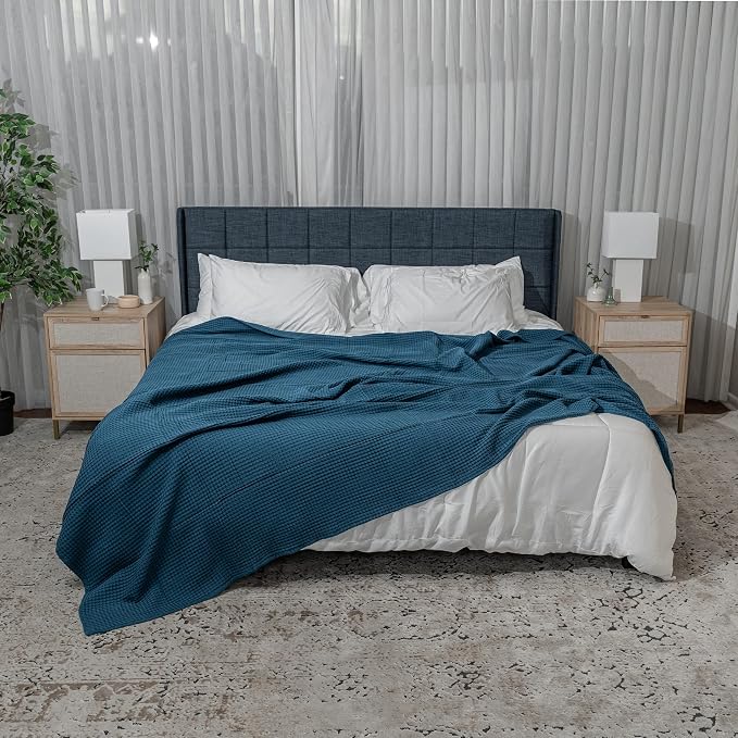 Comfy Cubs Waffle Blanket King, 108" x 90" - 100% Cotton Lightweight Breathable Bed Blanket - Soft Textured Thermal Weave for All Seasons – Decorative Cozy Layer for Couch, Sofa, or Bed - Neptune