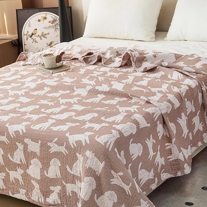 MEJU Dogs Puppy Brown Kids Muslin Lightweight Blanket for Bed Sofa Couch 100% Combed Cotton 3 Layer Soft Warm Indoor Throw Blanket Bedspread Bed Coverlet (Animals, Twin 60 in x 80 in)