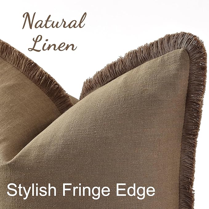 decorUhome Summer Decorative Neutral Linen Fringe Throw Pillow Covers Set of 2 Light Brown Pillow Covers with Tassels Soft Farmhouse Boho Accent Pillow Cases for Couch Bed Sofa 20x20 Inch