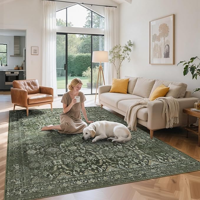 Rugxara 5x7 Area Rugs for Living Room Bedroom, Washable Rug, Green Vintage Floral Boho Rug, Non Slip & Low Pile Faux Wool Thin Carpet for Indoor Dining Room and Kids Room(Green 5x7ft)