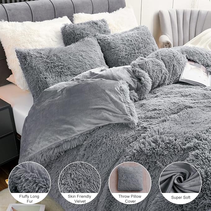 Fluffy Plush Duvet Cover Set King Size, Luxury Ultra Soft Velvet Fuzzy Comforter Cover Bed Sets 4Pcs(1 Faux Fur Duvet Cover + 2 Pillow Cases + 1 Pillow Cover) Zipper Closure (King, Light Gray)