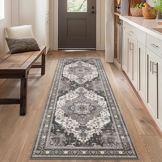 BEIMO Runner Rug for Hallway Kitchen, 2x7 Machine Washable Runners Rug for Entryway, Soft Modern Vintage Boho Throw Rugs, Low Pile Floor Cover with Non Slip Backing, Dark Gray