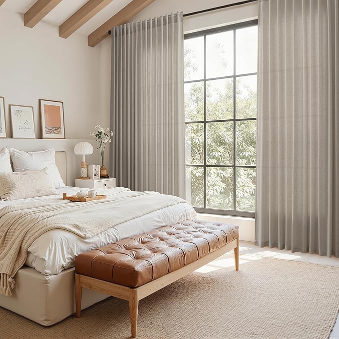 Nanspring Grey Beige Linen Curtains 63 Inch Length ffor Living Room Luxury Light Filtering Semi Sheer Curtain Back Tab Simple Modern Neutral Elegant Boho Gray Drapes for Bedroom 52x63, 2 Panels