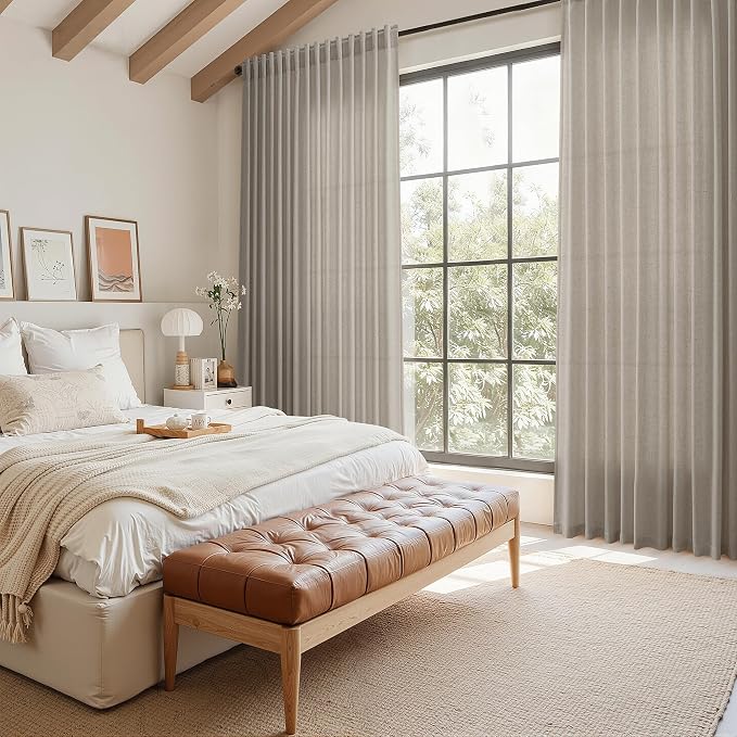 Nanspring Grey Beige Linen Curtains 96 Inches Long for Living Room Simple Modern Luxury Light Filtering Semi Sheer Curtain Back Tab Flax Boho Neutral Gray Drapes for Bedroom Office 52x96, 2 Panels
