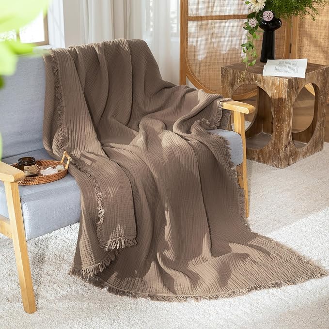 MooMee Muslin Blanket - 100% Cotton 4-Layer Gauze Throw Blanket with All-Around Fringe, Soft Breathable Lightweight Cooling Summer Blankets for Bed Couch(Brown, Queen 90" x 90")