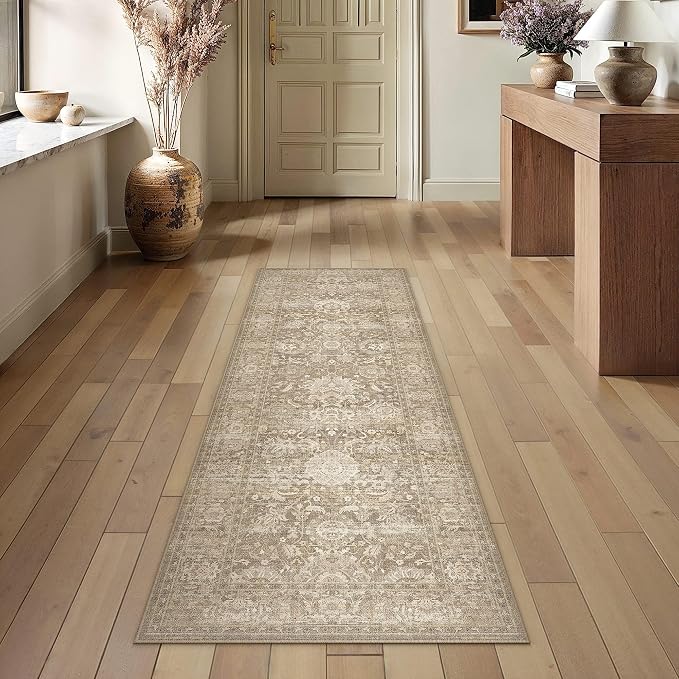 HUGEAR Hallway Runner Rugs 2x6 Beige Washable Rug Neutral Vintage Rug Carpet Distressed Soft Durable Non Slip No Shedding for Indoor Bedroom Kitchen Dining Nursery Laundry