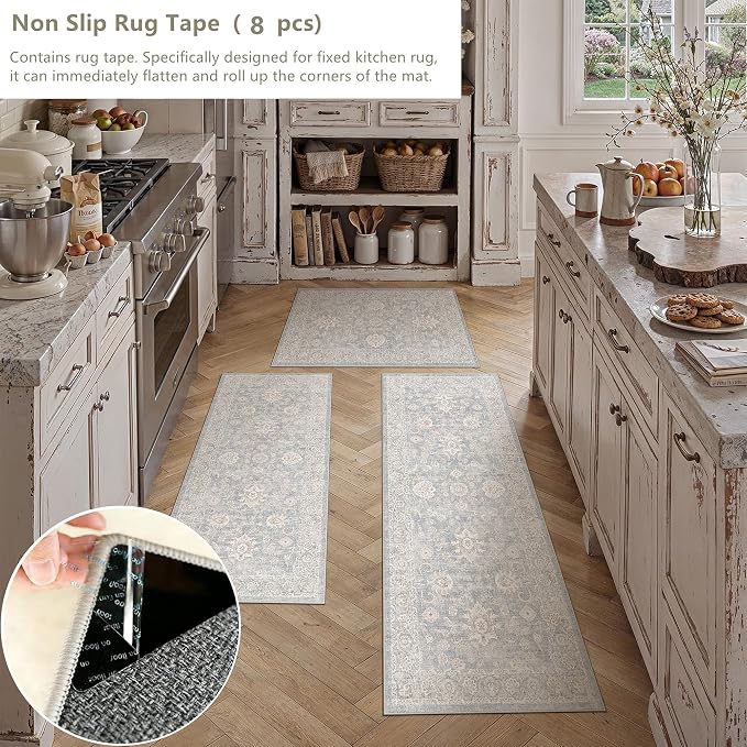 2 Piece Blue Cream Washable Kitchen Rug Set Neutral Floral Soft Non Slip Runner Mats Low Pile Distressed Area Rugs for Floor Sink Laundry Hallway Bathroom, 2x3 + 2'6x8
