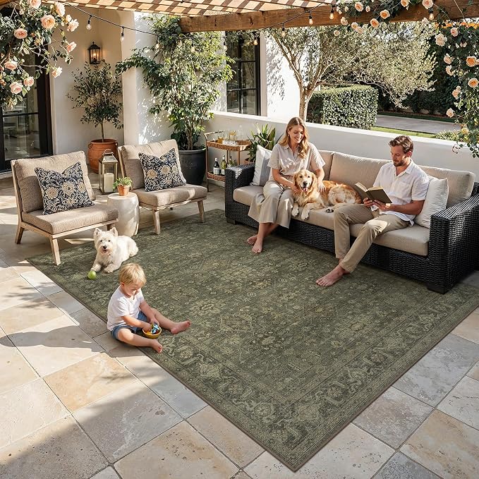 6x9 Easy Jute Area Rug for Living Room Bedroom Vintage Brown Carpet Traditional Retro Washable Non Slip Throw Rug for Dining Room Patio Porch Backyard Courtyard