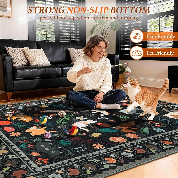LIANLAM 5x7 Cat Lover's Area Rug, Washable Large Rug with Artistic Feline Design for Living Room & Bedroom, Pet Friendly Non-Slip Soft Carpet, Stain Resistant & Easy Clean(5x7,Black)