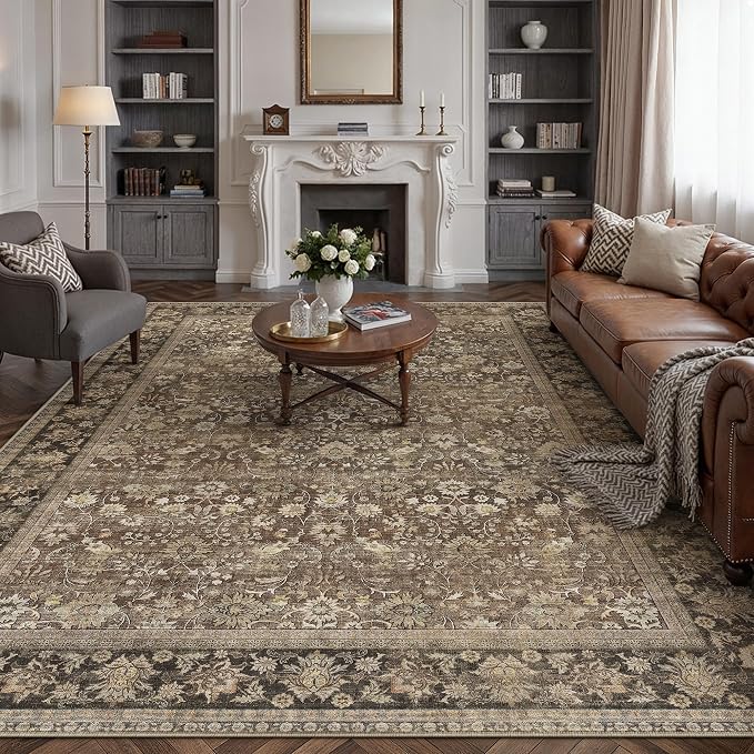 HUGEAR 7x9 Machine Washable Rugs Brown Hallway Large Area Rug Indoor Accent Rug Floral Low Pile Carpet Soft Throw Aesthetic Rug Bedroom Living Room Office Dining Room Kitchen Laundry Room
