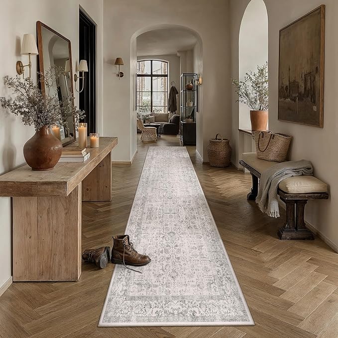 PureCozy Gray Runner Rug 2x14 Hallway Machine Washable Kitchen Vintage Distressed Non Slip Long Carpet Indoor Grey Retro Floral Bedroom Accent Throw Rug for Bathroom Office Laundry Dining Living Room