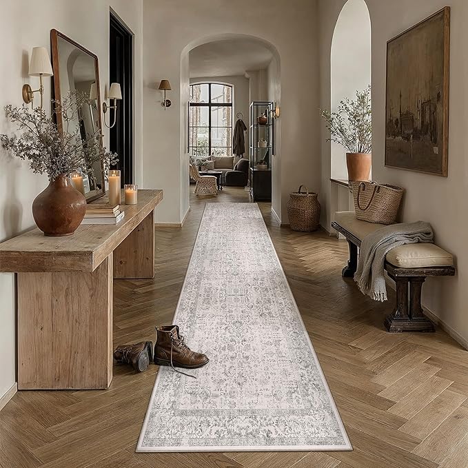 PureCozy Gray Runner Rug 2'6"x14' Washable Carpet for Hallway Kitchen Vintage Distressed Non Slip Indoor Grey Retro Floral Bedroom Accent Throw Long Rug Bathroom Office Laundry Dining Living Room