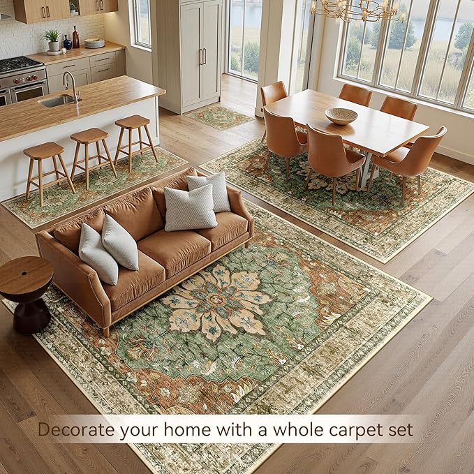 RELEANY Area Rugs 9'x12' Washable Non-Slip, Floral Vintage Distress Print Pattern Medallion Carpet for Living Room Bedroom Dining Room, Brick Red Rust Neutral Brown Burnt Orange Green