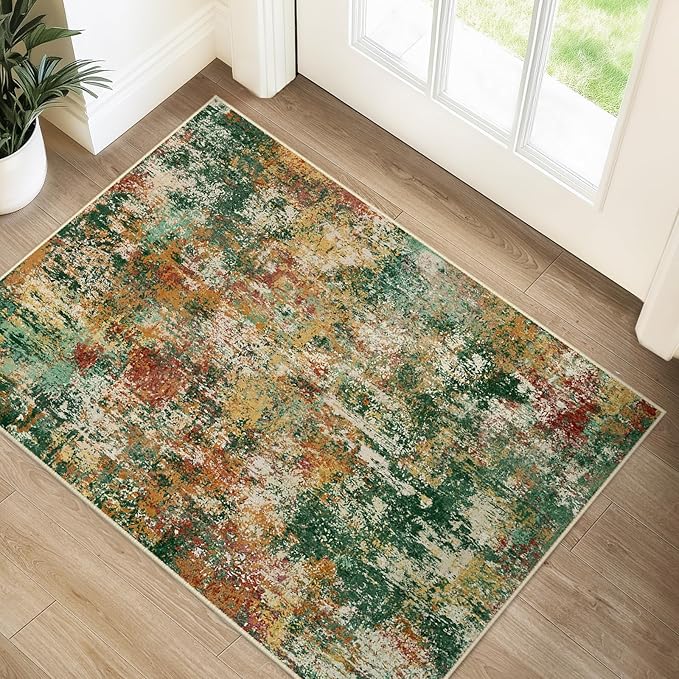RELEANY Washable Area Rugs 2'x3' Non-Slip Modern Abstract Soft for Living Room Entryway Bedroom Nursery, Print Pattern, Green Orange Rust Red Cream Colorful