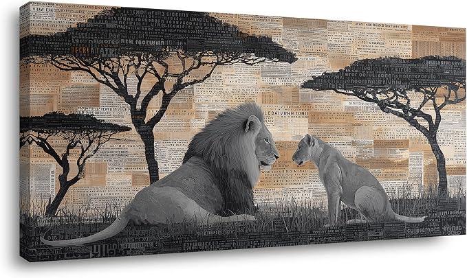 Ggaafet Lions Couple Wall Art for Bedroom Canvas Painting Prints Text Collage Style Male and Female Lion African Savannah Art Deco Retro Rustic Artwork Office Farmhouse Dining Room Decor