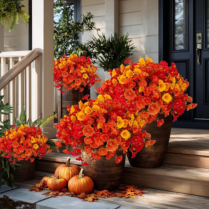 AXYLEX Artificial Fall Flowers Outdoor Fake Mums - 16 Bundles Fake Plants UV Resistant No Fade Faux Plastic Greenery Garden Morning Glory Home Decor (1, MixedFall 4 Colors)
