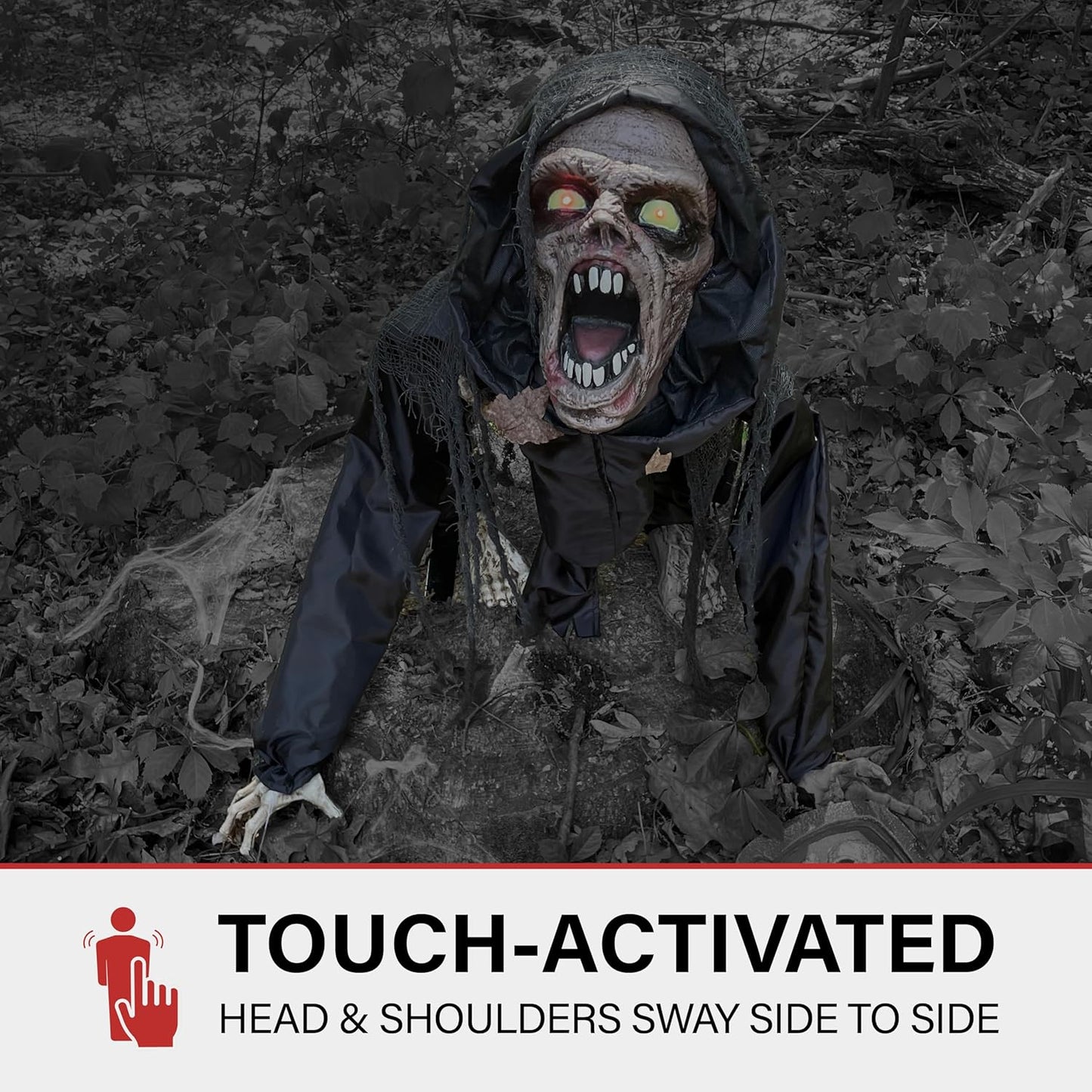 Haunted Hill Farm Scary Crouching Zombie, Halloween Animatronic with Touch Activated Lights and Sounds, Battery Operated Indoor or Covered Outdoor Halloween Decorations, Creepy Halloween Props