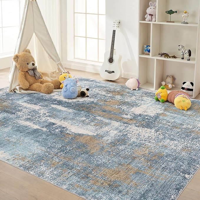 DMOYEST Area Rug Living Room Rugs - 8x10 Washable Large Soft Indoor Neutral Modern Abstract Low Pile Rug Carpet for Bedroom Dining Room Farmhouse Home Office - Blue Brown