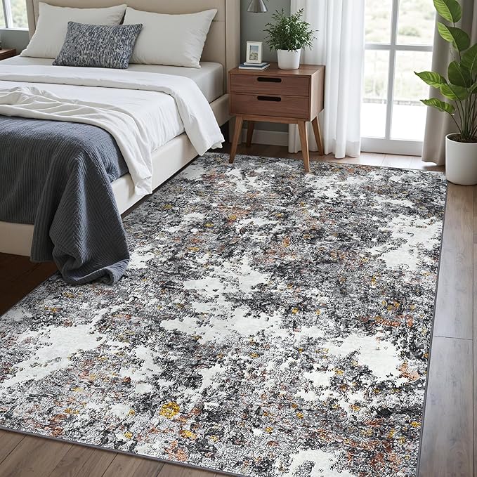 Washable Rug 6x9 Area Rugs: Soft Large Living Room Rug with Anti-Slip Backing Non-Shedding Stain-Resistant Modern Abstract Carpet for Bedroom Dining Room Nursery Home Office-Gray/Multi