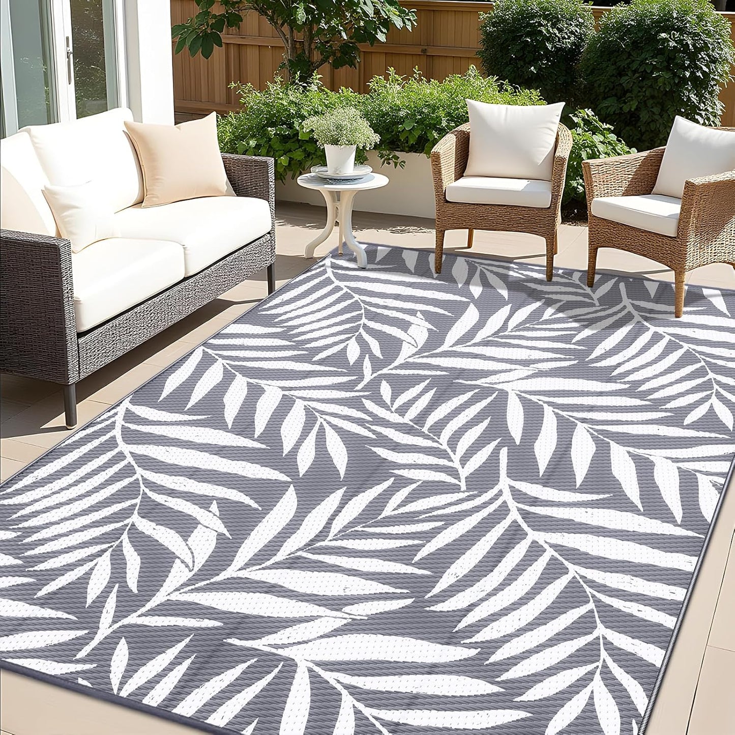 OLANLY Waterproof Outdoor Rug 8x10 ft, Reversible Outdoor Plastic Straw Rug with Leaf Pattern, RV Mat, Indoor Outdoor Carpet for Patio, Camping, Balcony, Deck, Backyard, Grey & White