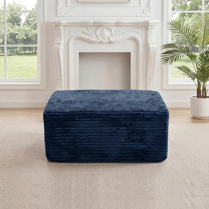 27.56'' Plush Fluffy Corduroy Poofy Ottoman in a Box for Boneless Sofa Couch, Modern Compressed Foot Rest, Small Comfy Rectangle Boneless Pouf Footstool Ottoman for Living Room, Bedroom, Navy Blue
