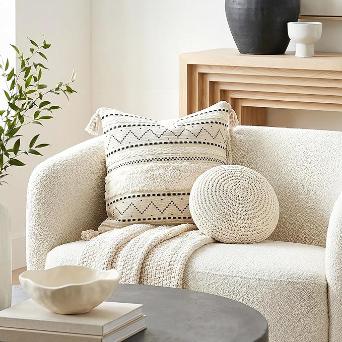 BlissBlush 20X20 Throw Pillow Cover, Cream Neutral Square Decorative Cushion Cover with Black Pattern, Boho Accent Pillowcase with Tufted Details and Tassels for Couch Sofa Living Room (Cover Only)